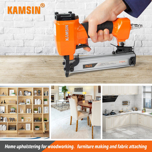 KAMSIN P625 23 Gauge Pneumatic Headless Pinner - 3/8-inch to 1-inch (10-25mm) Pin Nails, Air Power Pin Nail Gun, Finish Nailer for Cabinets, Interior Decoration and Wood Joining