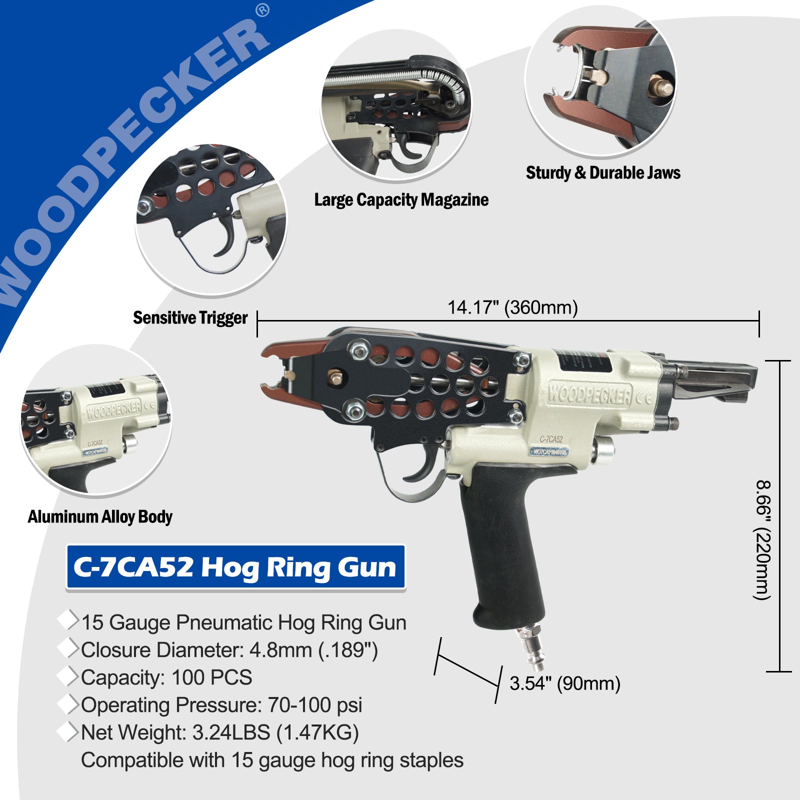 WOODPECKER C-7CA52 15 Gauge Pneumatic Hog Ring Gun, 3/4
