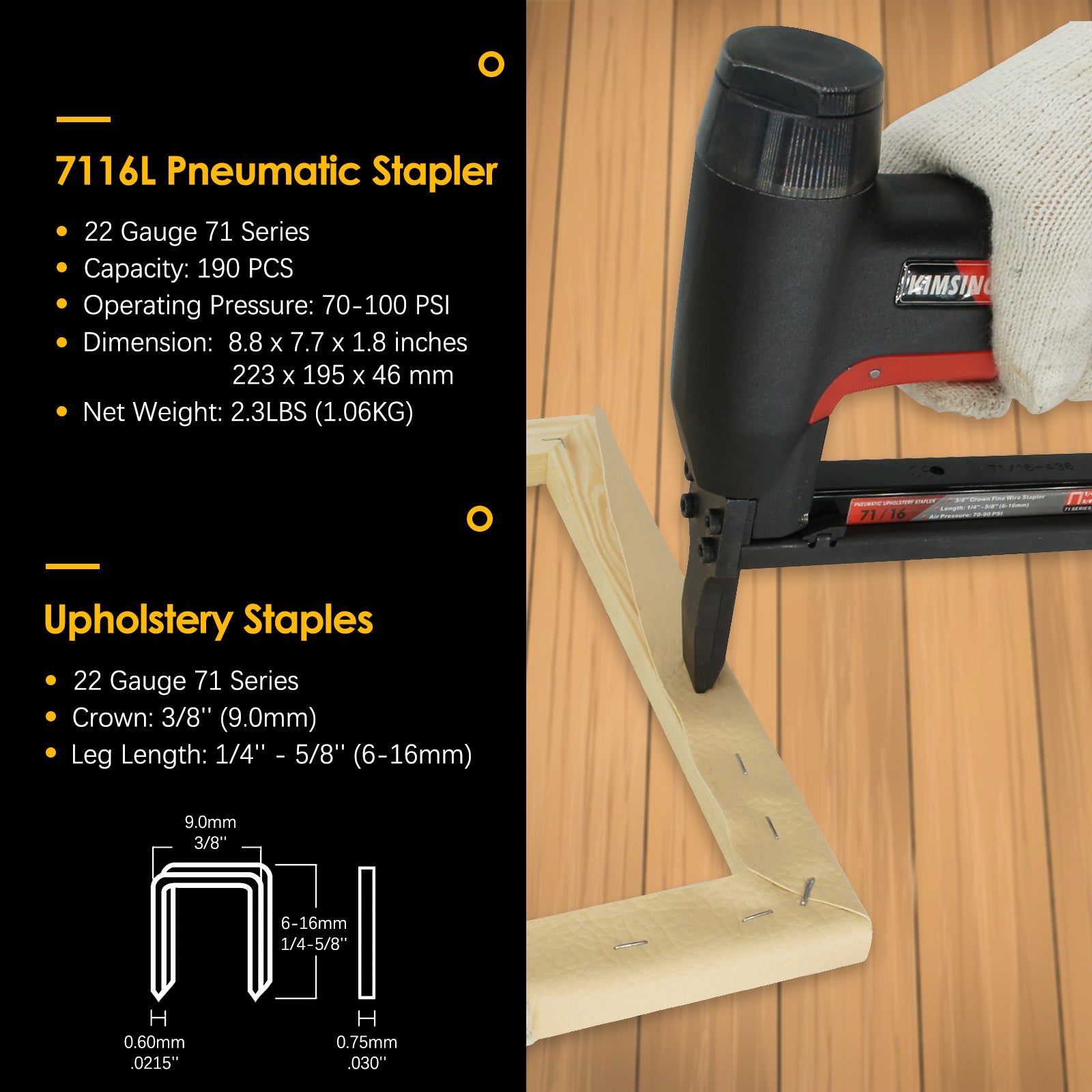 KIMSING K-7116L Upholstery Stapler 22 Gauge 3/8