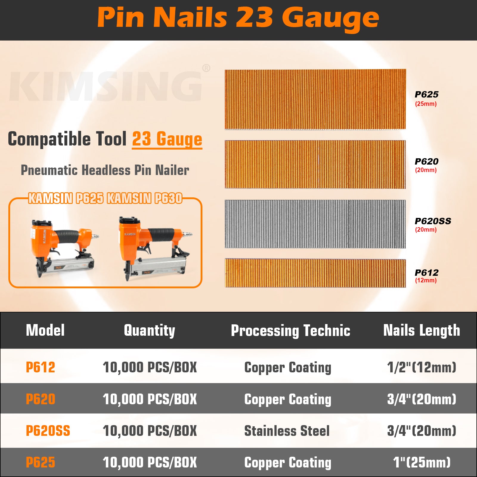 China-top Silver 23 Gauge 1/2'' - 1'' (12-25mm) Leg Length Headless Pin Nails