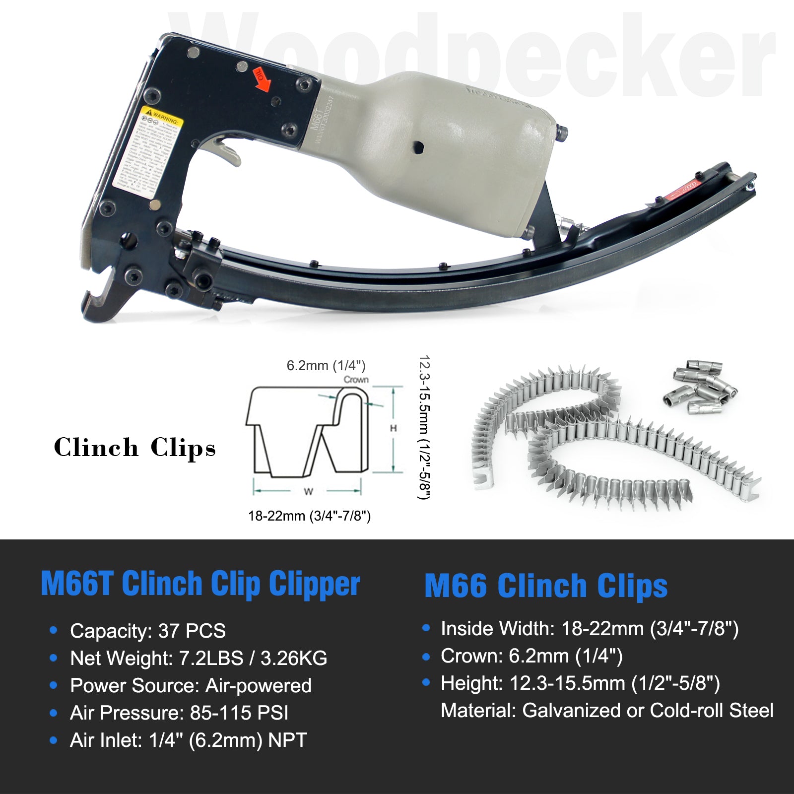 Woodpecker M66T Pneumatic Clipper, Industrial Grade Air Clinch Clip Tool Clips Clipper