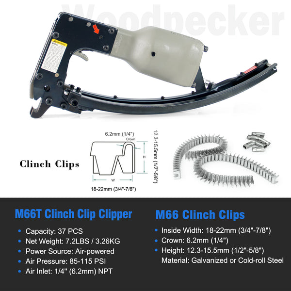 Woodpecker M66T Pneumatic Clipper, Industrial Grade Air Clinch Clip Tool Clips Clipper