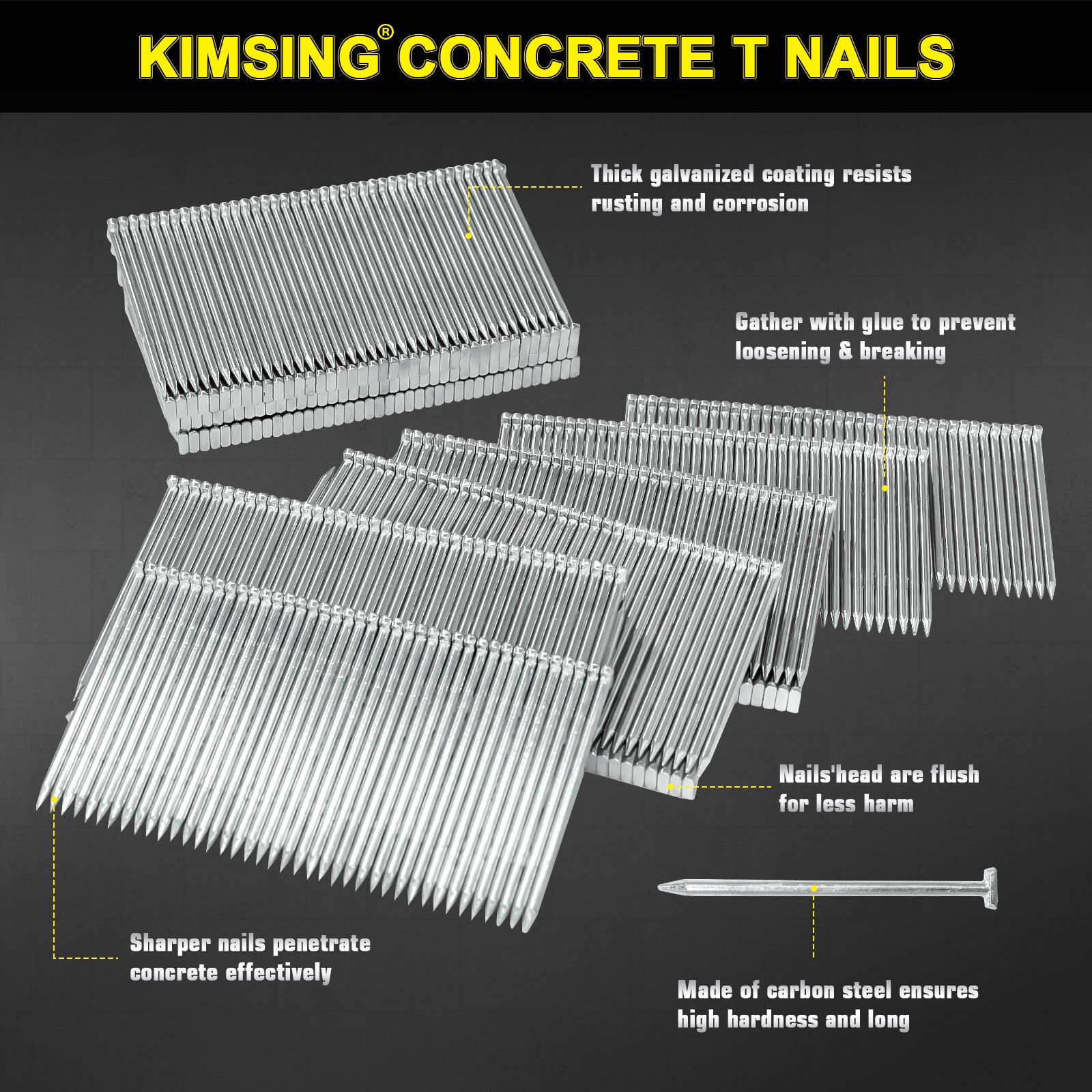 KIMSING 14 Gauge Concrete T Nails, 800PCS/BOX, 3/4 inch - 2-1/2 inch (18mm-64mm)
