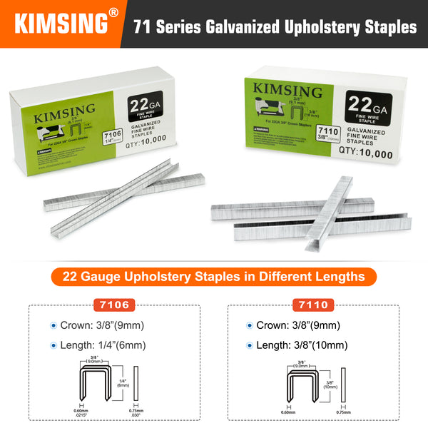 KIMSING 22 Gauge 71 Series 3/8'' Crown 1/4'' to 3/8'' (6-10mm) Leg Length Galvanized Upholstery Staples