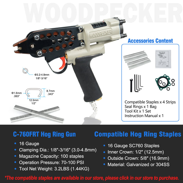WOODPECKER C-760FRT Air Hog Ring Gun with Variable Speed Control, 16 Gauge 1/2" (12.5mm) Crown, Pneumatic Hog Ring Plier Tool for Fencing, Cages, Fastening
