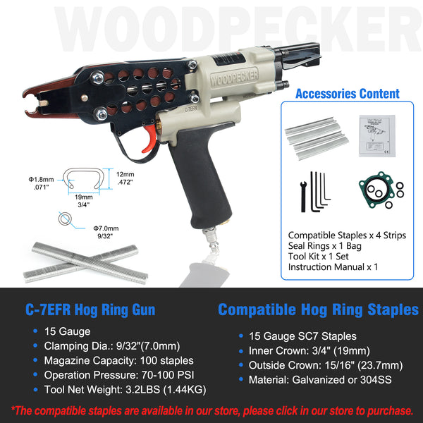 WOODPECKER C-7EFR Air Hog Ring Gun with Variable Speed Control, 15 Gauge 3/4" (19mm) Crown, Pneumatic Hog Ring Plier Tool, Fencing Plier for Cages, Fastening