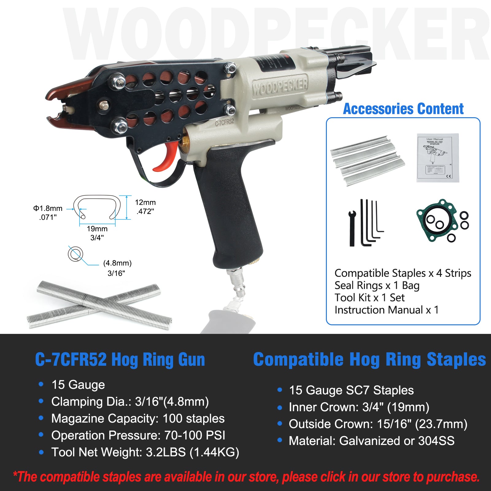 WOODPECKER C-7CFR52 Air Hog Ring Gun with Variable Speed Control, 15 Gauge 3/4’’ (19mm) Crown, Pneumatic Hog Ring Plier Tool for Fencing, Cages, Fastening