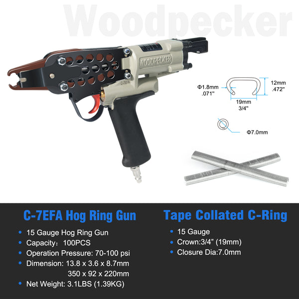 WOODPECKER C-7EF 15 Gauge Pneumatic Hog Ring Gun, Intensified Power, 3/4-inch Crown 7.0mm Closure Diameter, Air Hog Ring Plier Tool