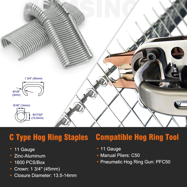 11 Gauge C50 1 3/4" (45mm) Crown Hog Ring Staples 1 3/4" (45mm) Crown 1,600 PCS/Box