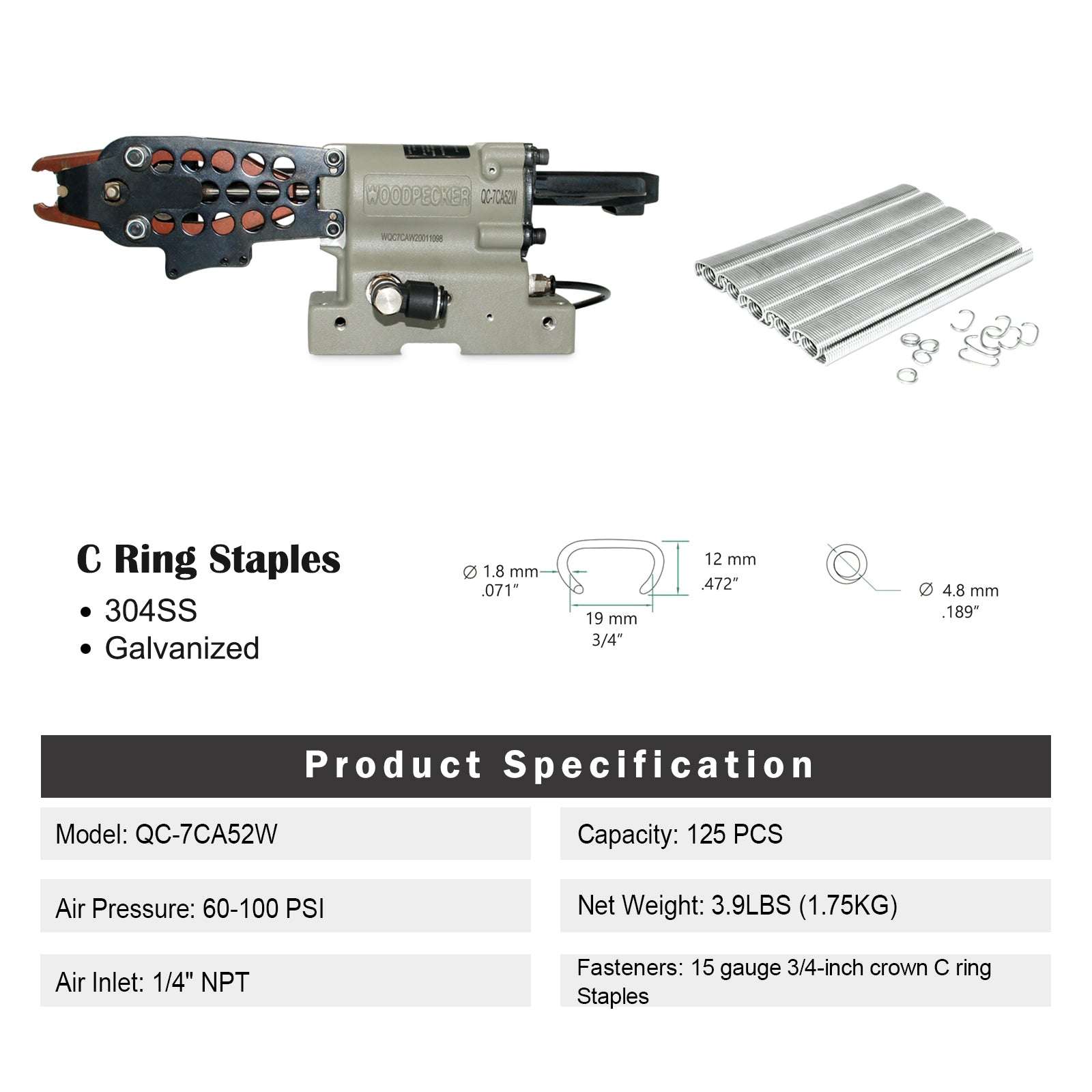 Woodpecker QC-7CA52W 15 Gauge Pneumatic Semi-automatic Hog Ring Gun, Pedal Switch Control