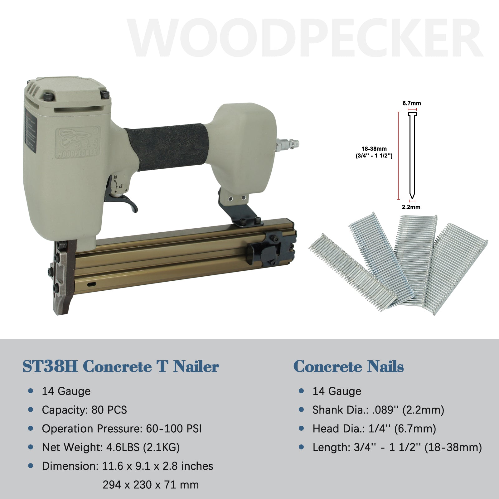 Woodpecker ST38H 14 Gauge Heavy Duty Concrete Nailer with Magnetic Muzzle, 3/4-inch to 1-1/2-inch T Nails