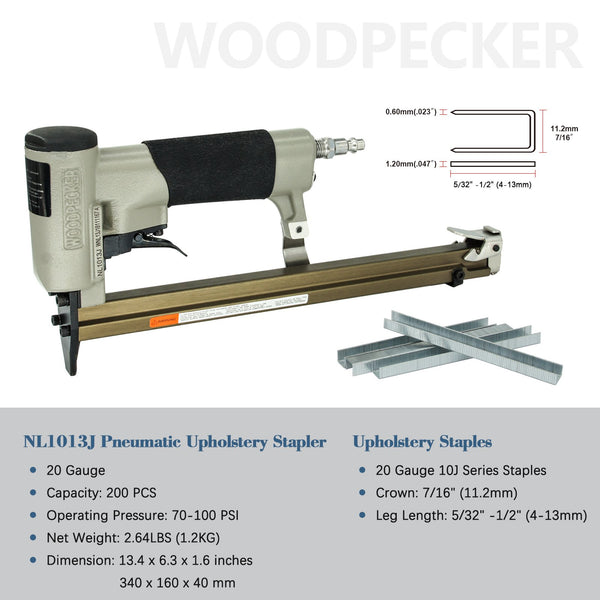Woodpecker NL1013J 20 Gauge Power Upholstery Stapler, 7/16'' Crown Air Staple Gun with Extended Magazine