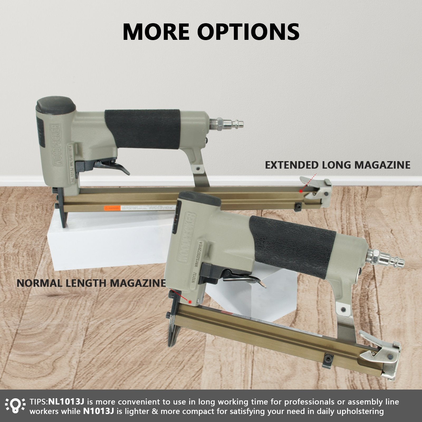Woodpecker NL1013J 20 Gauge Power Upholstery Stapler, 7/16'' Crown Air Staple Gun with Extended Magazine