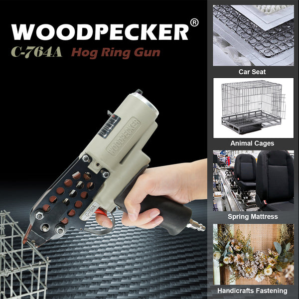 WOODPECKER C-764A 16 Guage Pneumatic Hog Ring Gun, Standard 3.0mm Closure Diameter, 1/2-Inch Crown Hog Ring Staples