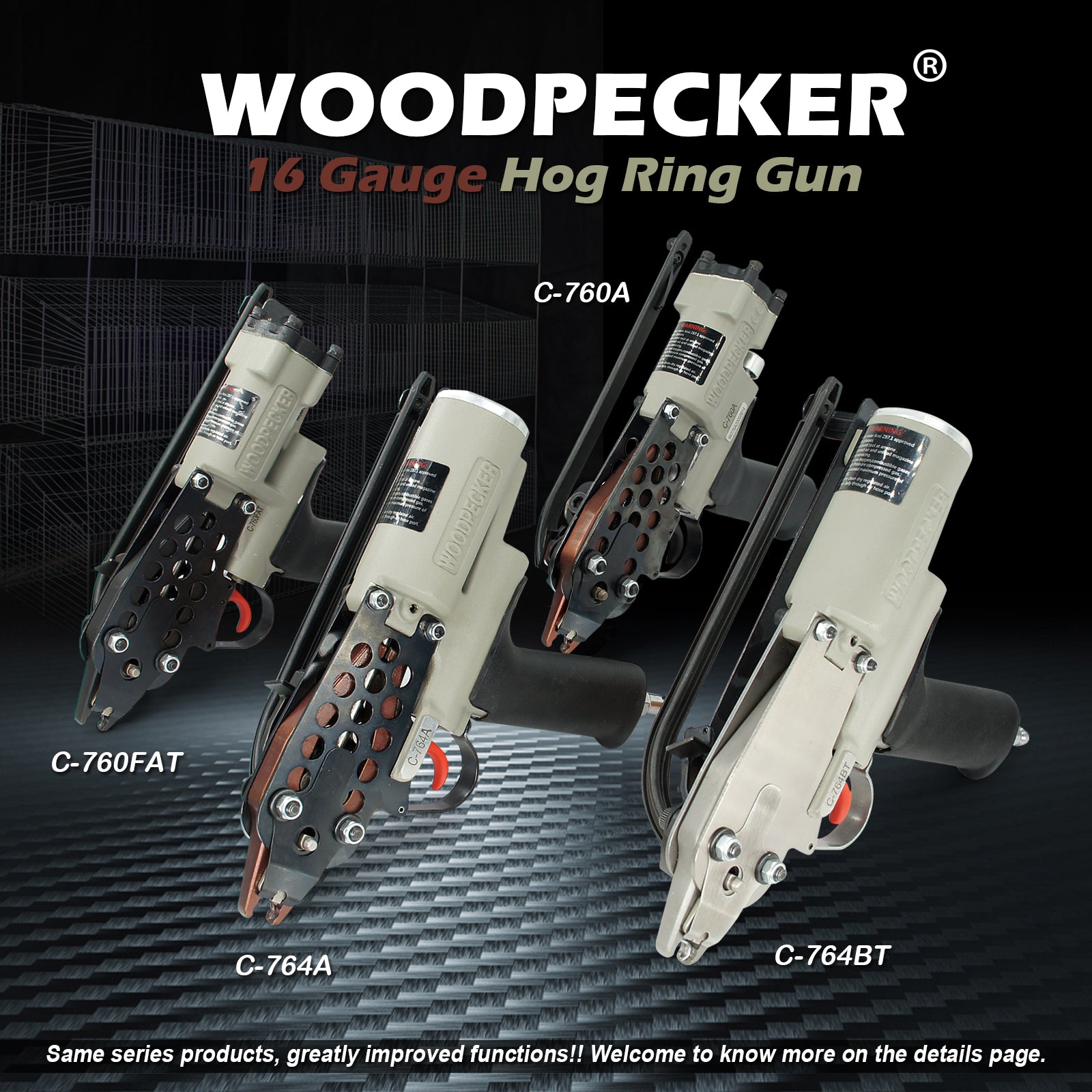 WOODPECKER C-764A 16 Guage Pneumatic Hog Ring Gun, Standard 3.0mm Closure Diameter, 1/2-Inch Crown Hog Ring Staples
