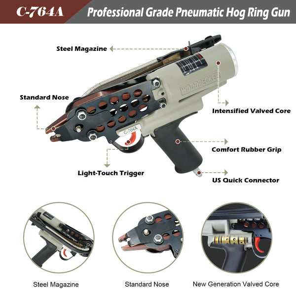 WOODPECKER C-764A 16 Guage Pneumatic Hog Ring Gun, Standard 3.0mm Closure Diameter, 1/2-Inch Crown Hog Ring Staples