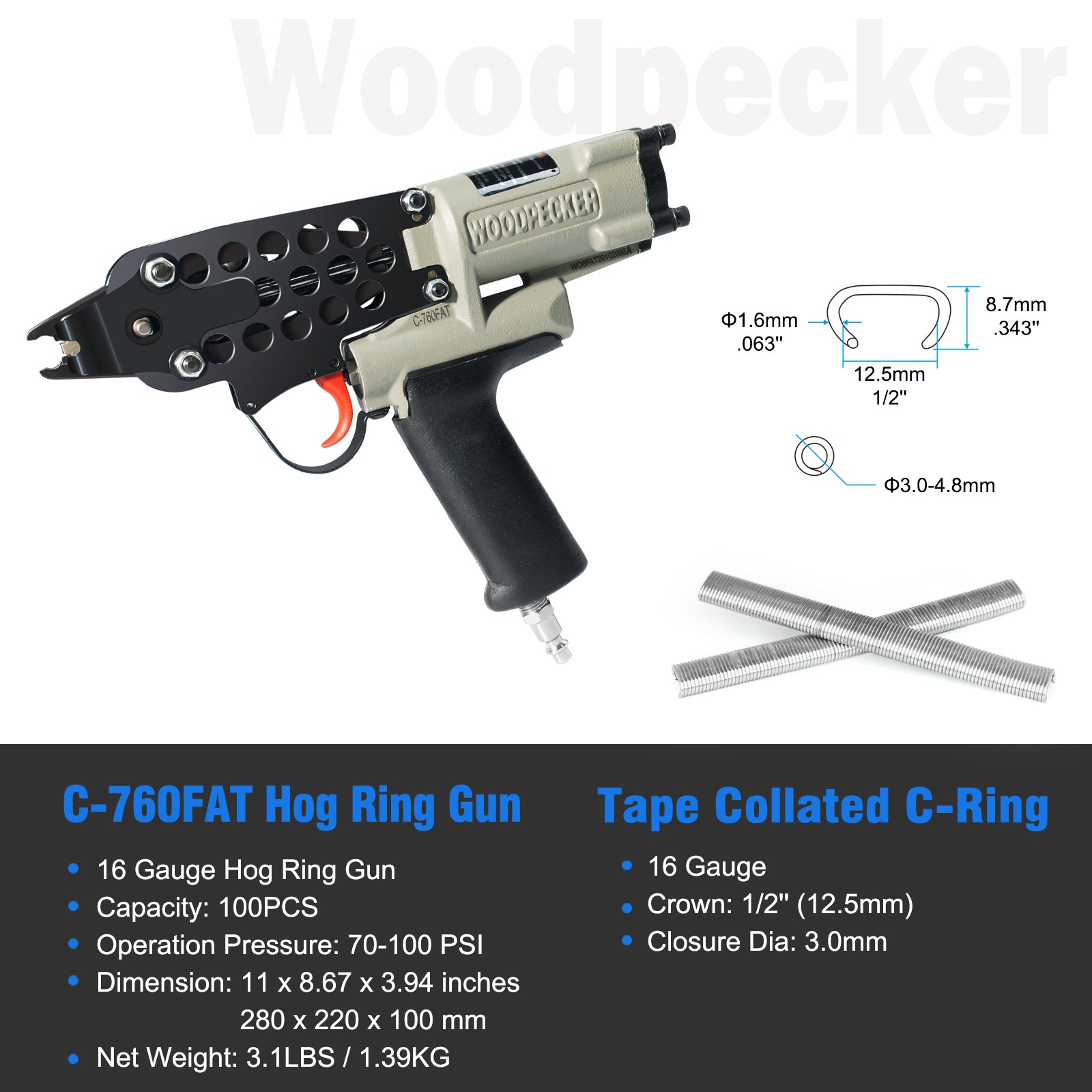 WOODPECKER C-760FA 16 Guage Pneumatic Hog Ring Gun, Standard 3.0mm Closure Diameter, 1/2-Inch Crown Hog Ring Staples