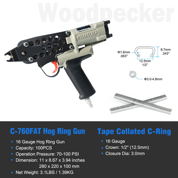 WOODPECKER C-760FA 16 Guage Pneumatic Hog Ring Gun, Standard 3.0mm Closure Diameter, 1/2-Inch Crown Hog Ring Staples