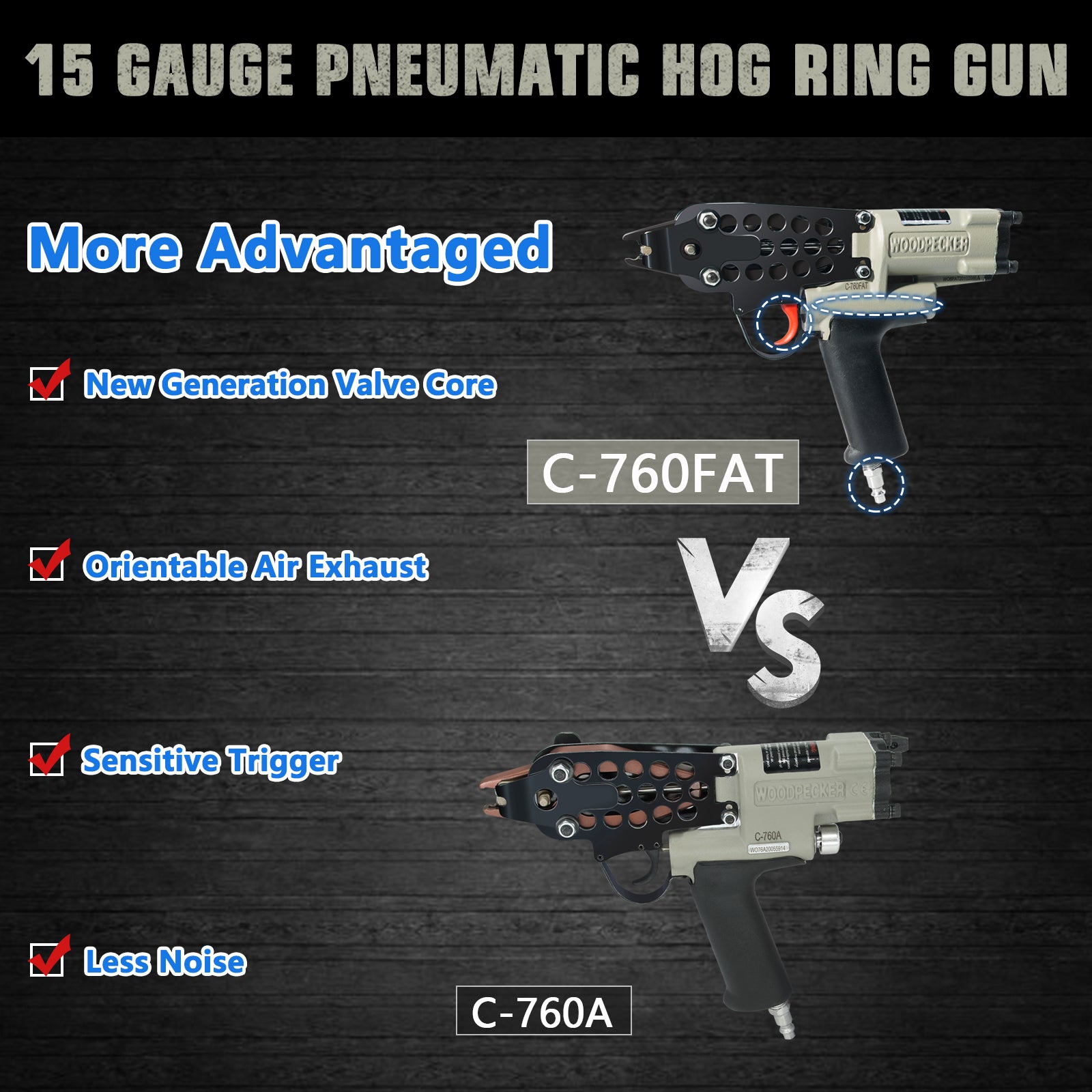 WOODPECKER C-760FA 16 Guage Pneumatic Hog Ring Gun, Standard 3.0mm Closure Diameter, 1/2-Inch Crown Hog Ring Staples