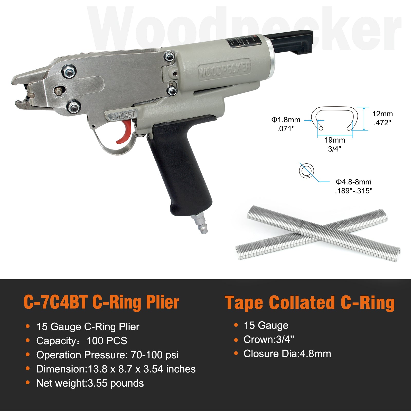 15 Gauge Pneumatic Hog Ring Gun, Standard Nose, 4.8mm Closure Diameter, 3/4-Inch Crown Hog Ring Staples, Air Hog Ring Plier C Ring Gun Hog Rig Tool for Cages, Fencing (C-7C4BT)