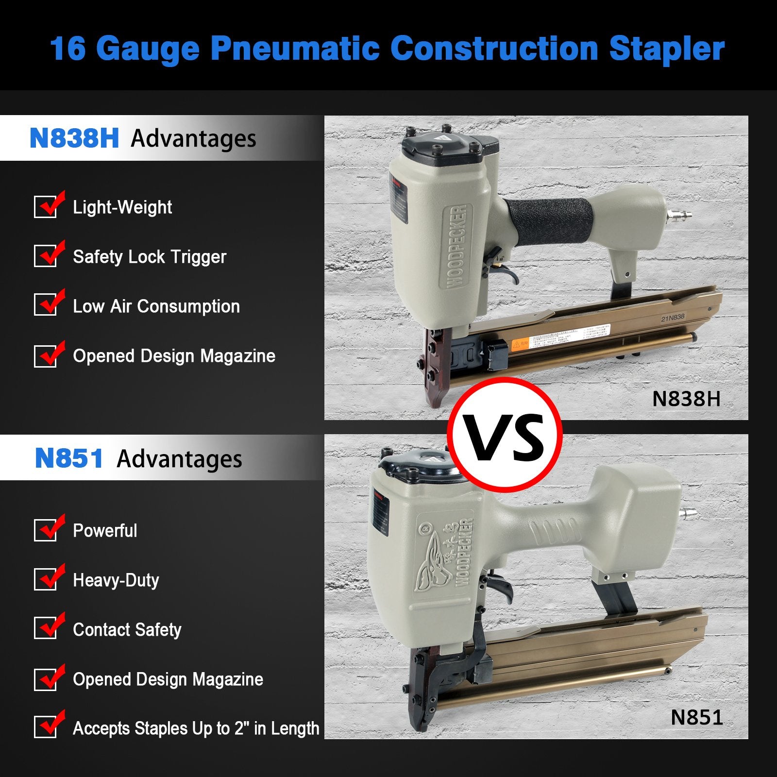 Woodpecker N838H Pneumatic Sheathing Stapler with Safety, 16 Gauge 7/16-Inch Crown Construction Staples