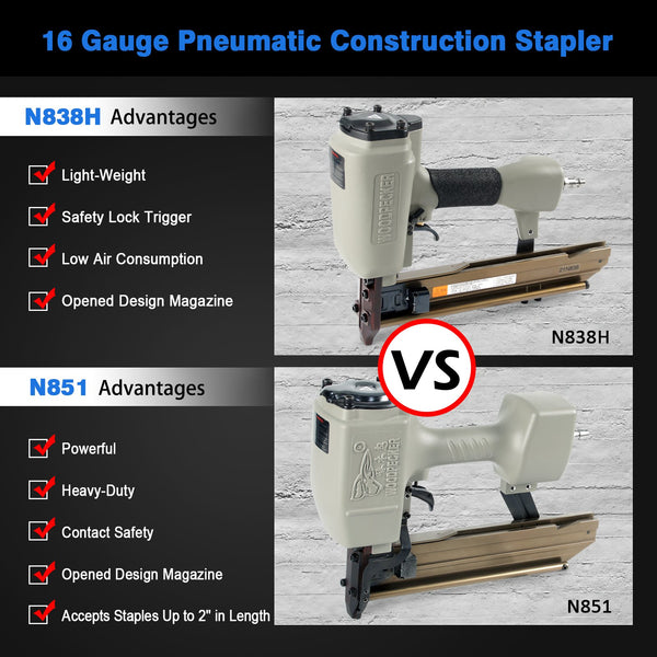 Woodpecker N838H Pneumatic Sheathing Stapler with Safety, 16 Gauge 7/16-Inch Crown Construction Staples