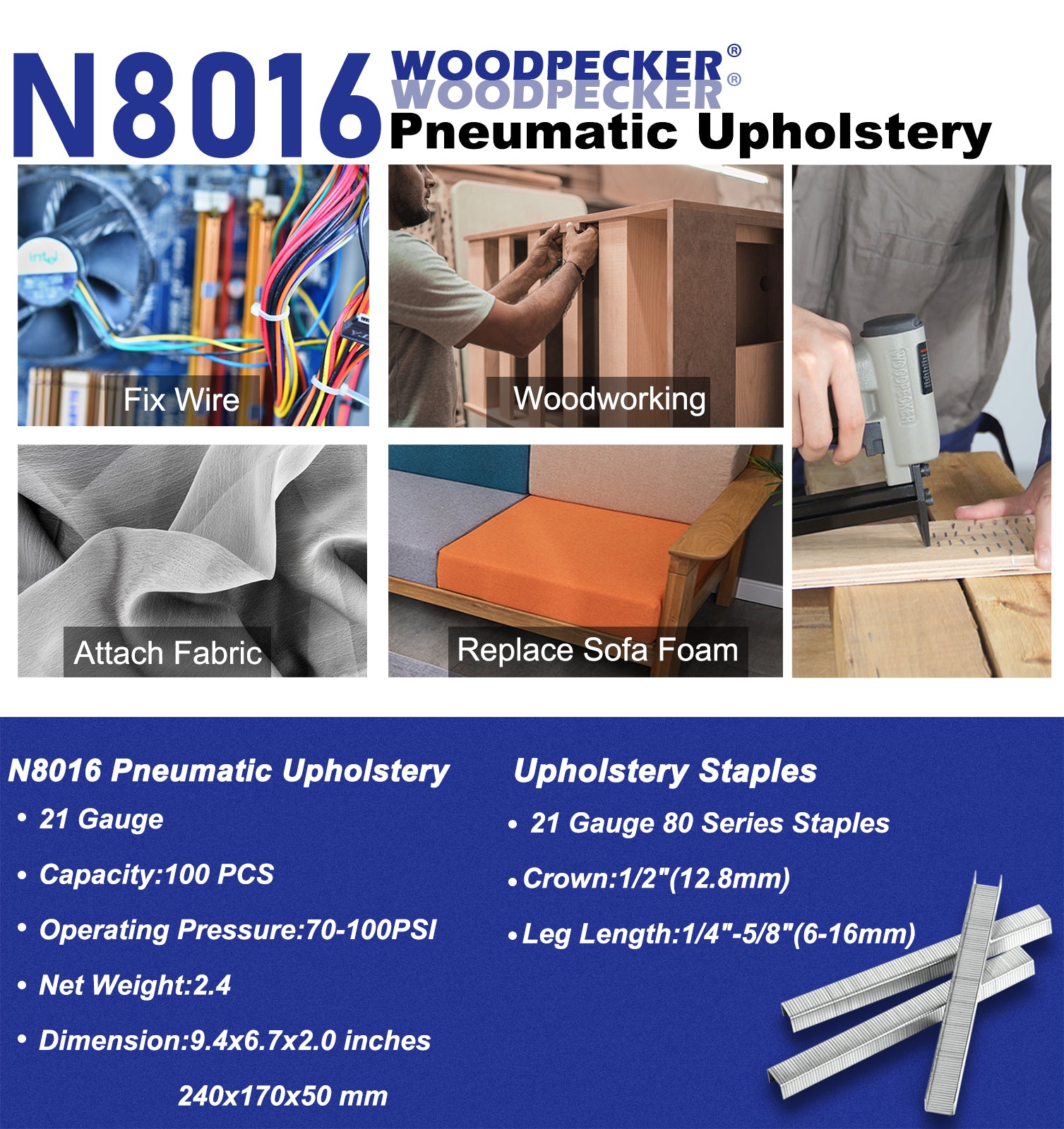 Woodpecker - N8016 Pneumatic Upholstery Stapler, 21 Gauge, Full Metal, 1/2