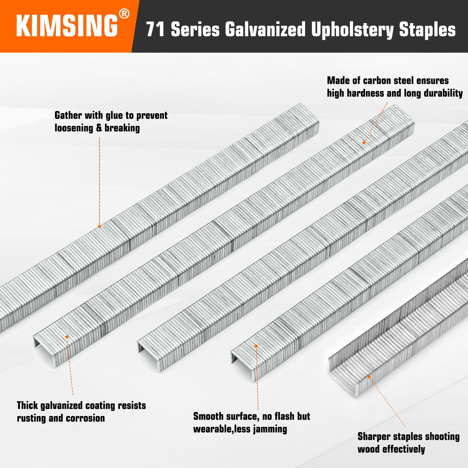 KIMSING 22 Gauge 71 Series 3/8'' Crown 1/4'' to 3/8'' (6-10mm) Leg Length Galvanized Upholstery Staples