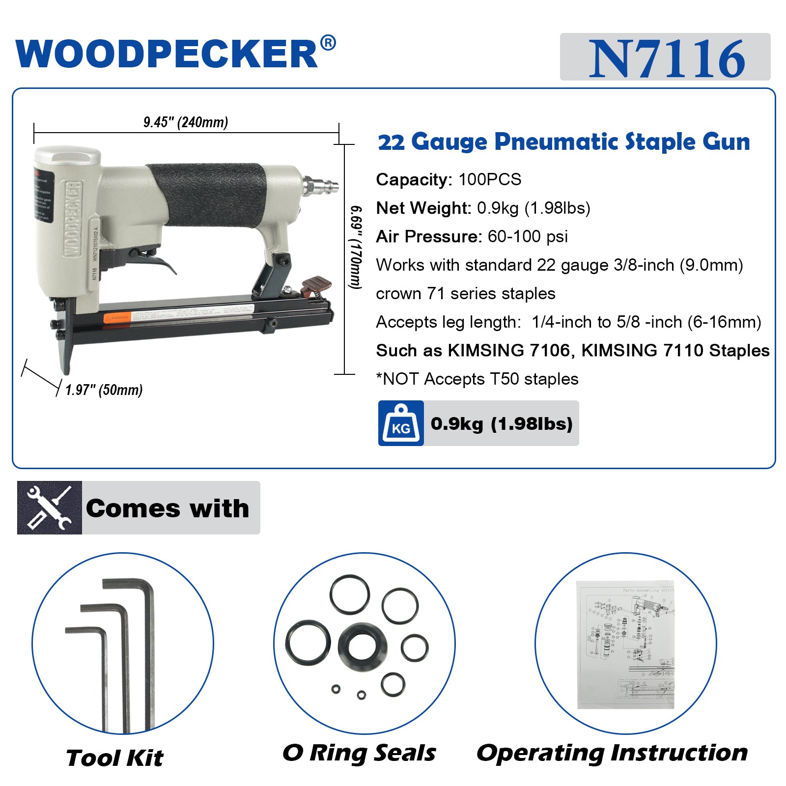 WOODPECKER N7116 Pneumatic Upholstery Stapler 22 Gauge 3/8 inch Crown