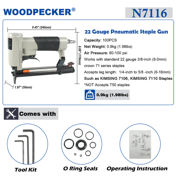 WOODPECKER N7116 Pneumatic Upholstery Stapler 22 Gauge 3/8 inch Crown