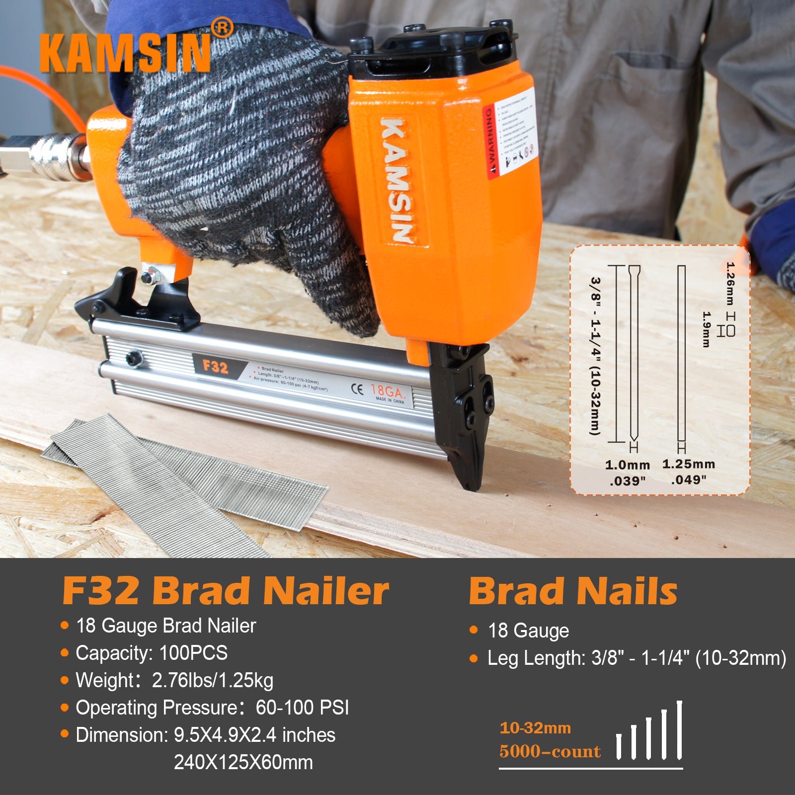 KAMSIN F32 Pneumatic Brad Nailer, 18 Gauge 3/8-Inch to 1-1/4-Inch nails, Compact Brad Nail Gun Air Power Finish Nailer for DIY Project, Upholstery