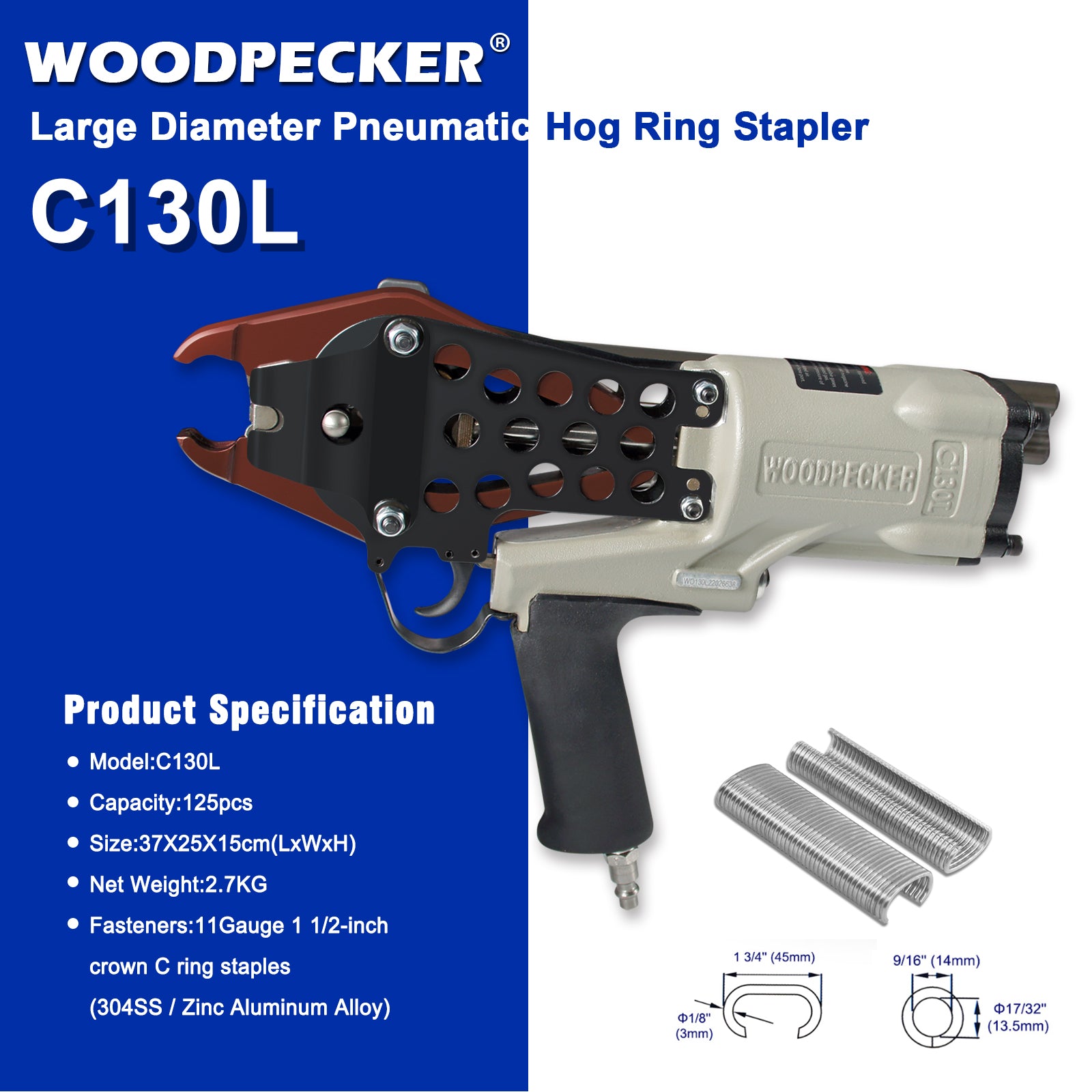 WOODPECKER C130L 11 Gauge Heavy-Duty Pneumatic Hog Ring Stapler, 13-14mm Closure Diameter, 1 1/2-Inch Crown, Lightweight and Powerful C Ring Gun for Border Fencing, Gabion, and Cages Building