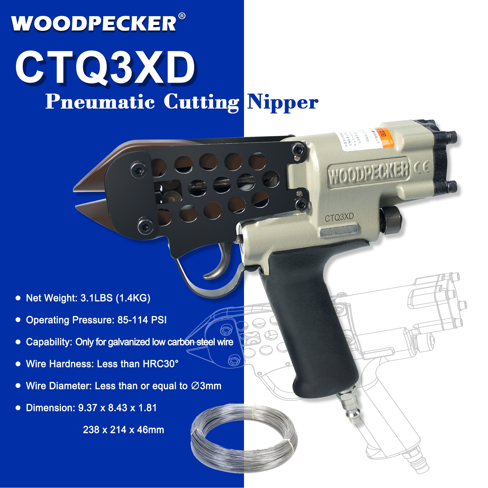 WOODPECKER CTQ3XD Pneumatic Cutting Nipper, Less Than 3mm Diameter Wire Cutting, Air Power Wire Shear, Cutting Wire Tool