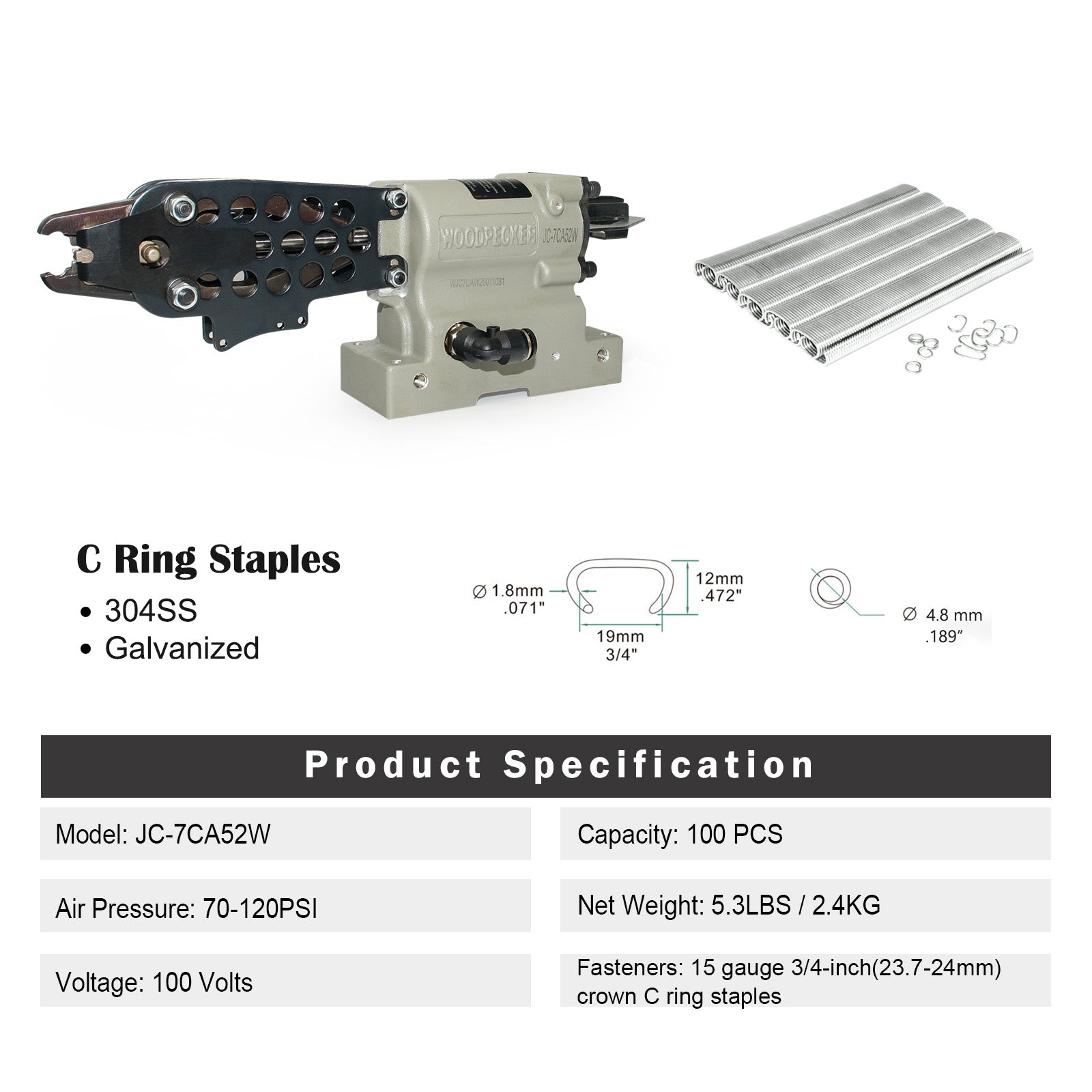 Woodpecker JC-7CA52W 15 Guage Electric Control Hog Ring Gun, Pedal Switch Control, 3/4-Inch 4.8mm Closure Diameter, Intelligent and Fully Automatic C Ring Gun