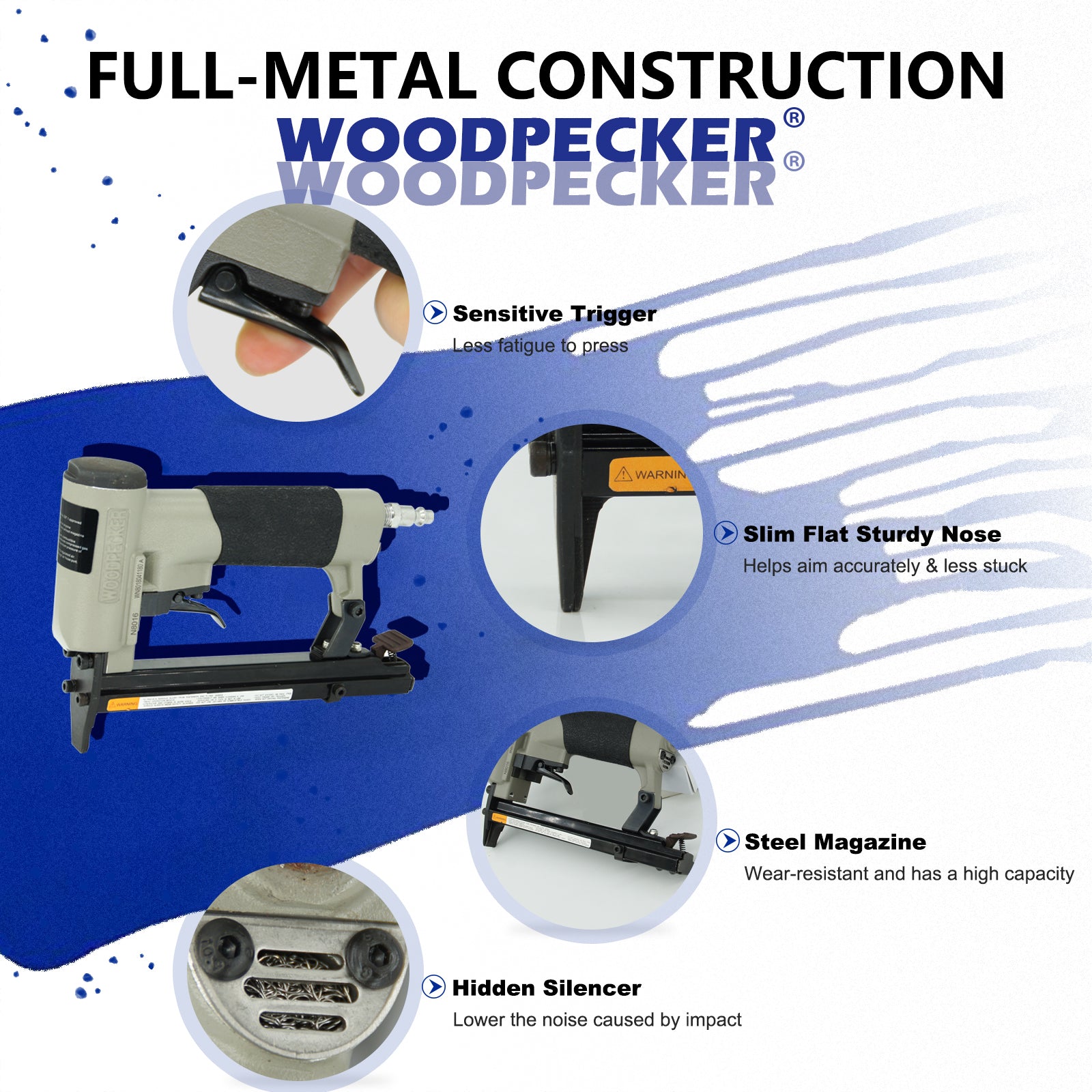 Woodpecker - N8016 Pneumatic Upholstery Stapler, 21 Gauge, Full Metal, 1/2