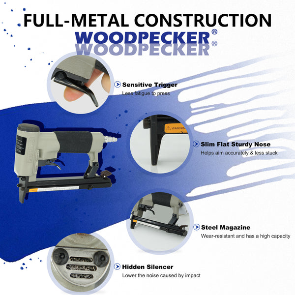 Woodpecker - N8016 Pneumatic Upholstery Stapler, 21 Gauge, Full Metal, 1/2" Crown